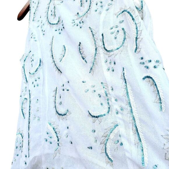 Beaded Sequin White Top S  Sleeveless Blue Turquoise 90s India Sirenscape - Picture 6 of 11